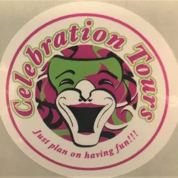 A sticker of a clown with the words celebration tours just plan on having fun