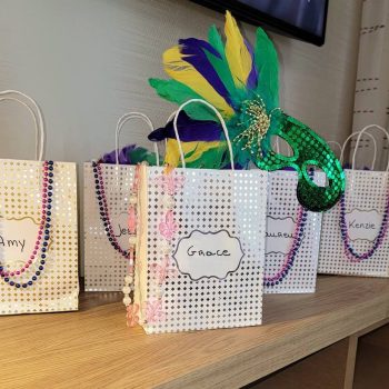 Decorative gift bags with colorful Mardi Gras mask.