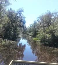 A boat traveling down the river with trees in the background.